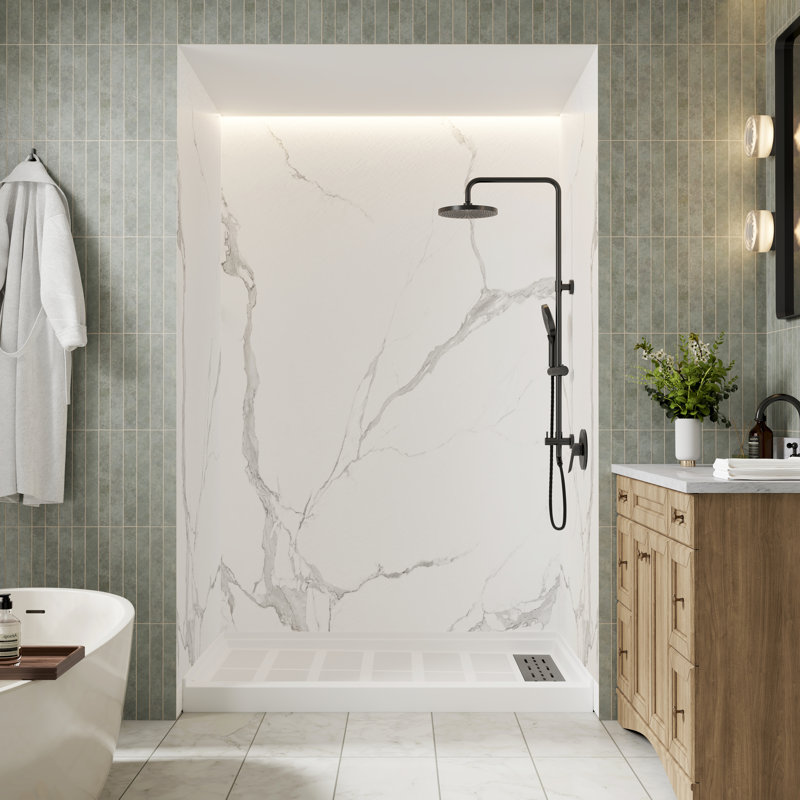 60"W 96"H Marble-Pattern Glue-Up SMC Shower Wall Panel Surround, Quick Install, 96" H x 60" W x 36" D