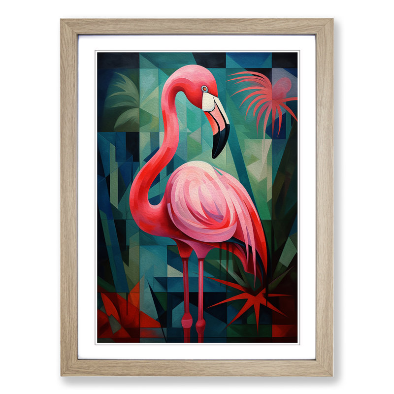 Flamingo Cubism No.2 - Framed Print, Oak, 34cm H x 25cm W x 2cm D