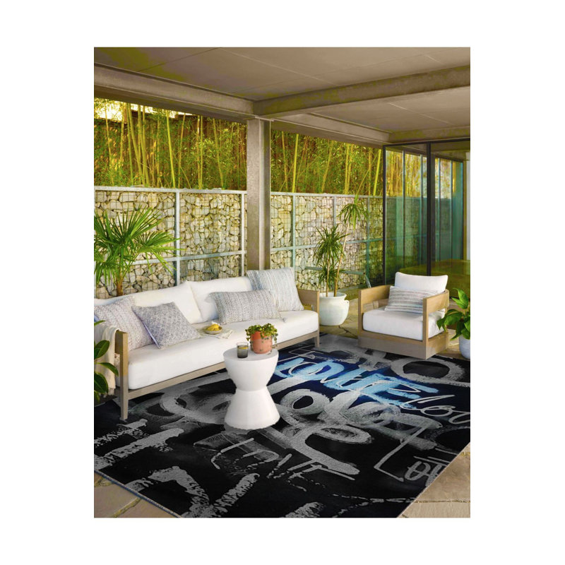 Black Glossy Text Patterned Woven Base Washable Rug, Rectangle 4'7" x 6'7" Rug Pad Included