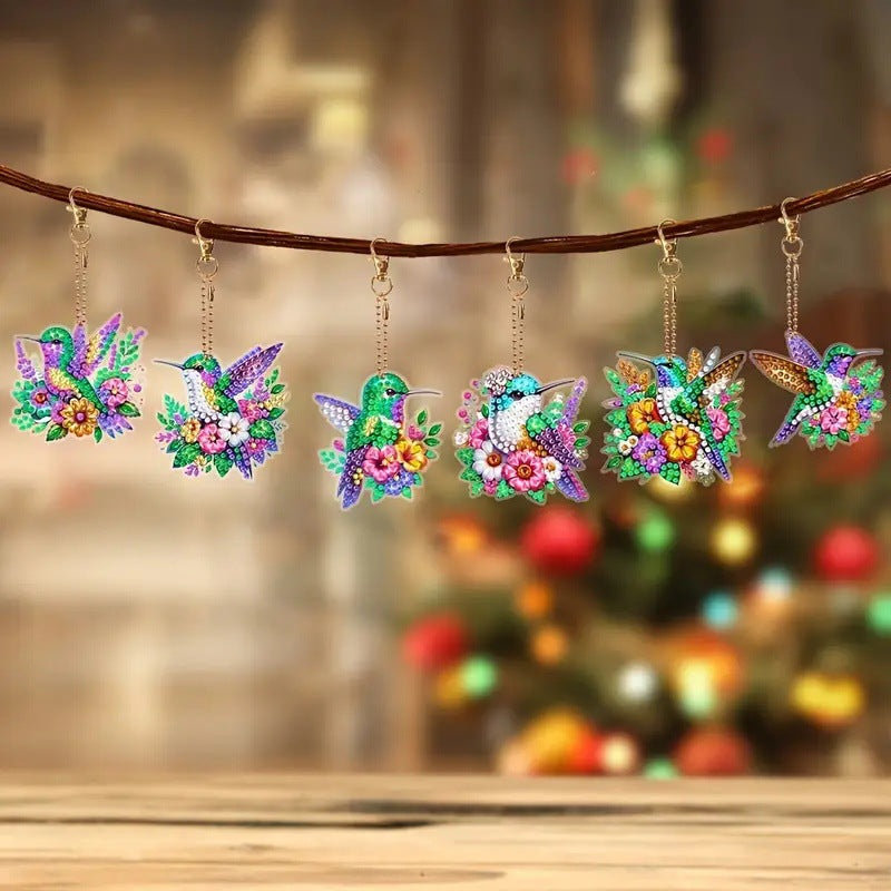 Syntego 6Pcs 5D DIY Colourful Hummingbird Diamond Painting Kit Keyrings/Keychains Kit Double Sided Rhinestone Craft Pendant