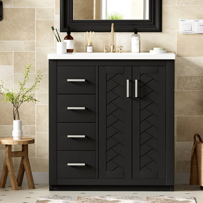 Meuble-lavabo de salle de bain 30 po avec lavabo en céramique et armoire en bois massif avec 3 tiroirs et portes à fermeture douce