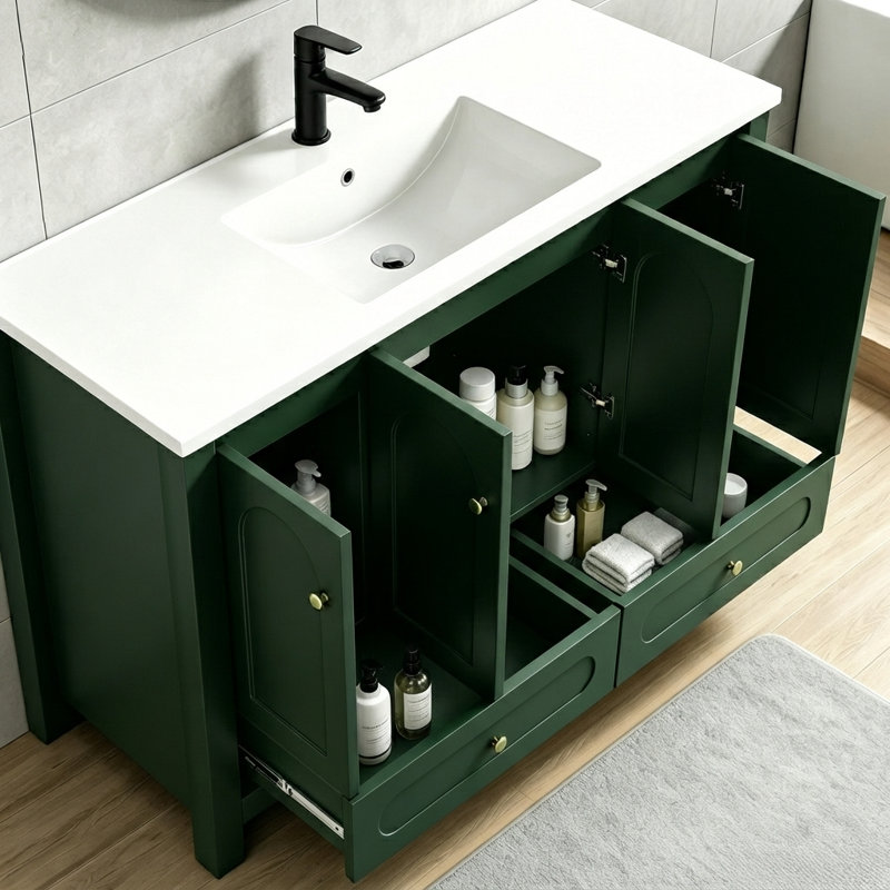Ensemble de meuble-lavabo vert 48 po avec lavabo simple en résine, 4 portes à fermeture douce et 2 tiroirs, Vert