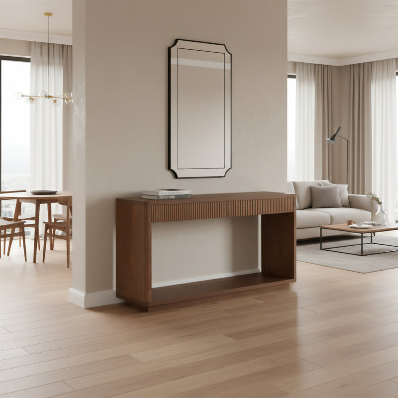 Table d'appoint 60 po à deux tiroirs à bord en retrait avec placage en bois massif, Noyer