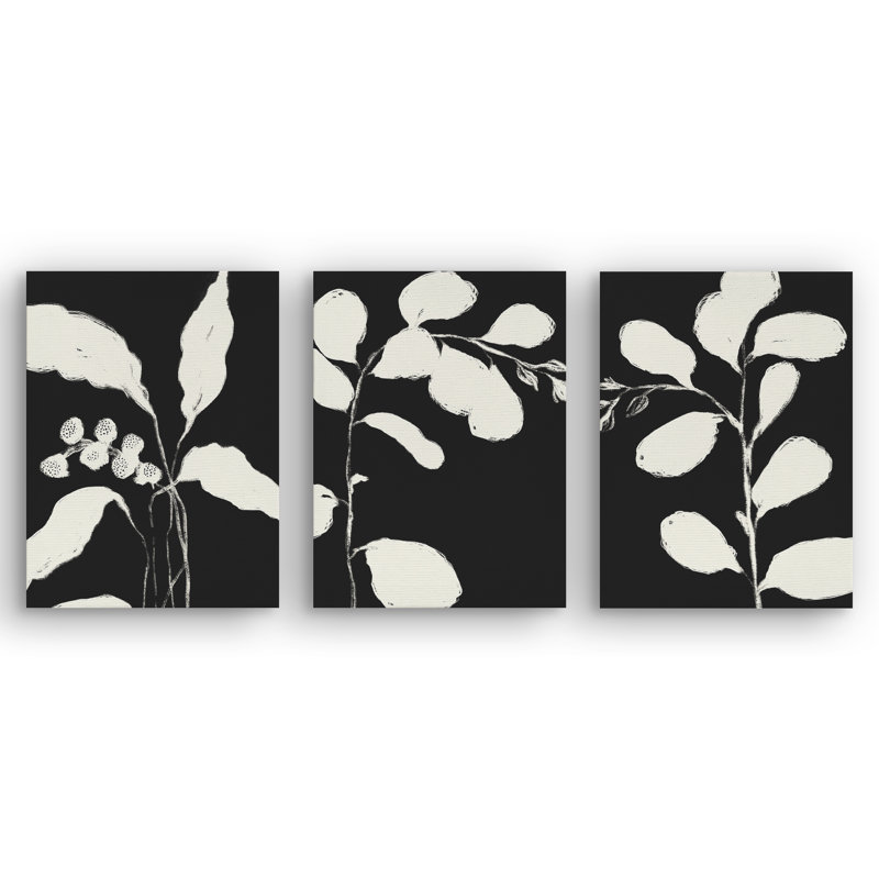 Art mural sur toile botanique 12 x 16 avec des silhouettes de feuilles crème - fond noir - ensemble de 3 - papier peint - art mural moderne