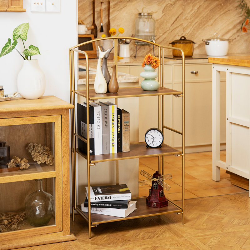 Lejon No Assembly Folding Etagere Bookcase, (3 Shelves) 39.8" H x 22.4" W x 12.6" D, Gold