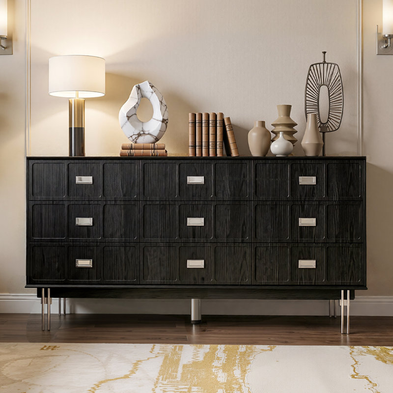 Armoire de rangement moderne à 9 tiroirs en noir avec accents métalliques