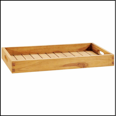 Durable Teak Wood Serving Tray with Raised Edges and Recessed Handles, Perfect for Elegant Serving and Home Decor.