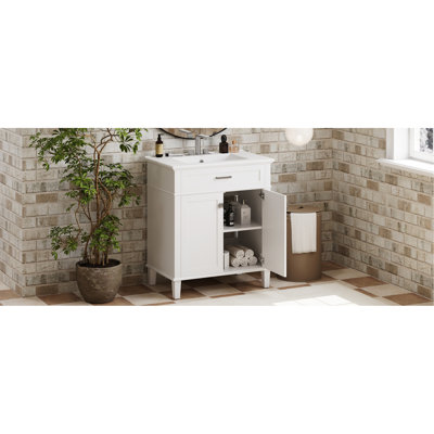 Meuble-lavabo de 30 po avec lavabo en céramique - apparence élégante. Porte à fermeture en douceur, tablettes réglables. Étanche, pour un style moderne de 30 po: lavabo, intérieur spacieux, élégant