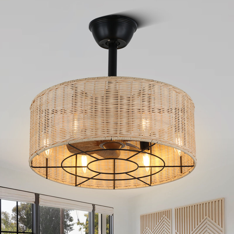 Ventilateur de plafond en cage en rotin Boho de 18 pouces avec lumières et télécommande, ventilateur de plafond noir sans pales 7 pales Mika