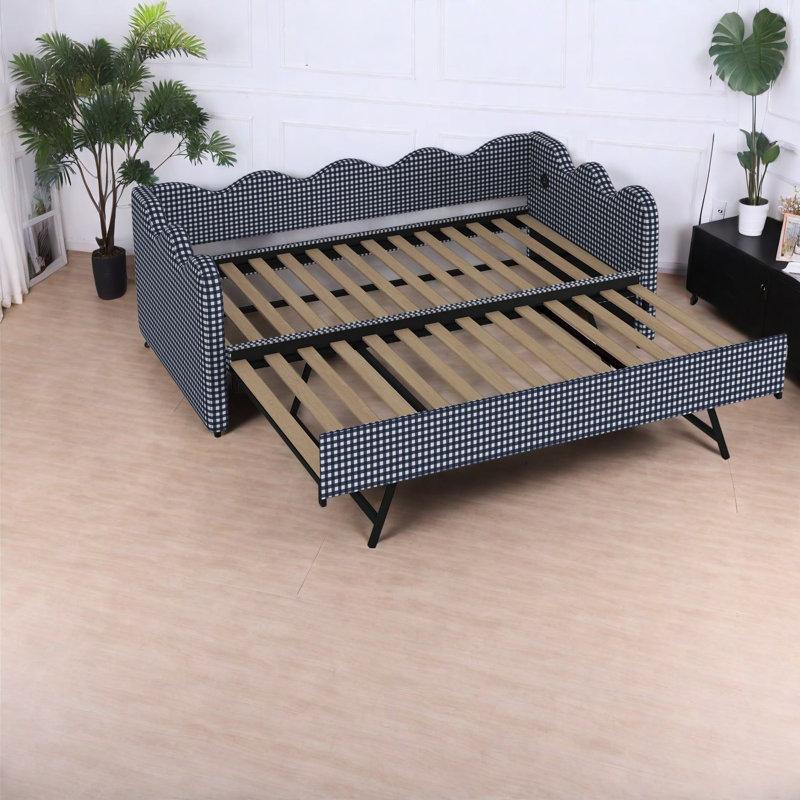 Canapé-lit convertible 1 place, structure en métal et en tissu, motif à carreaux moderne pour chambre d'amis
