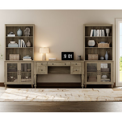 2 Piece Office Set, 56" Executive Desk & Set Of 2 Bookcases With Glass Doors, Oak