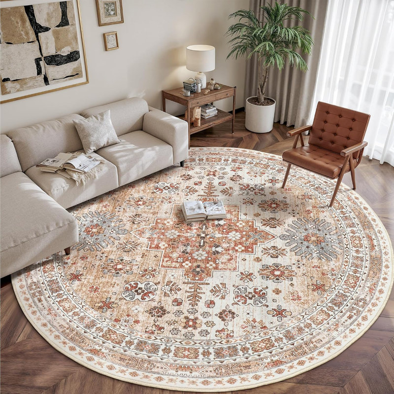 Tapis lavable antidérapant Medallion (orange), Rond 6 pi