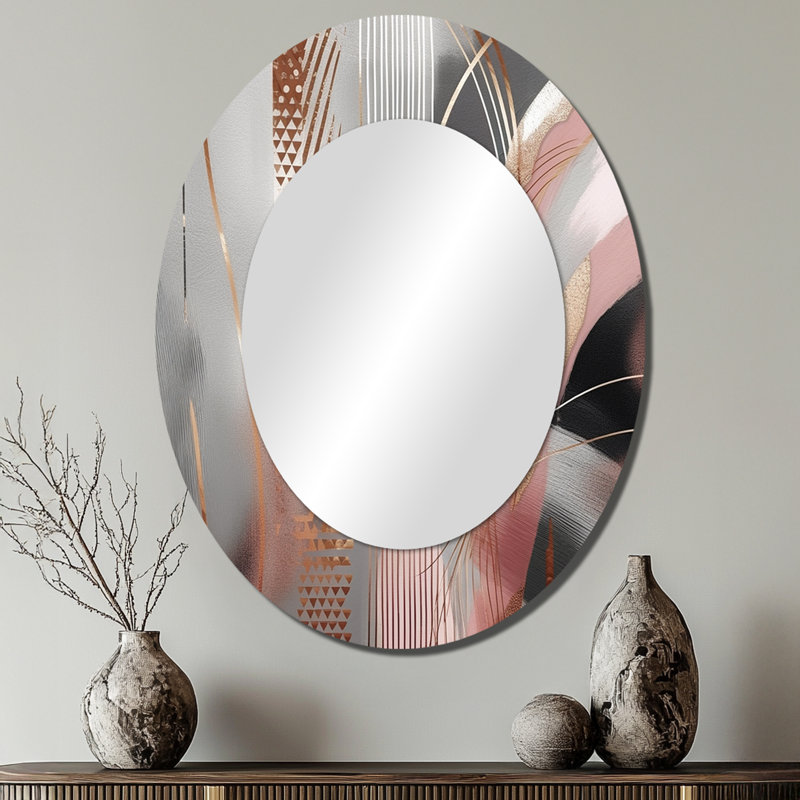 Pink Rosegold Circle Complexity I - Abstract Oval Decorative Mirror On Metal, 40" x 30"