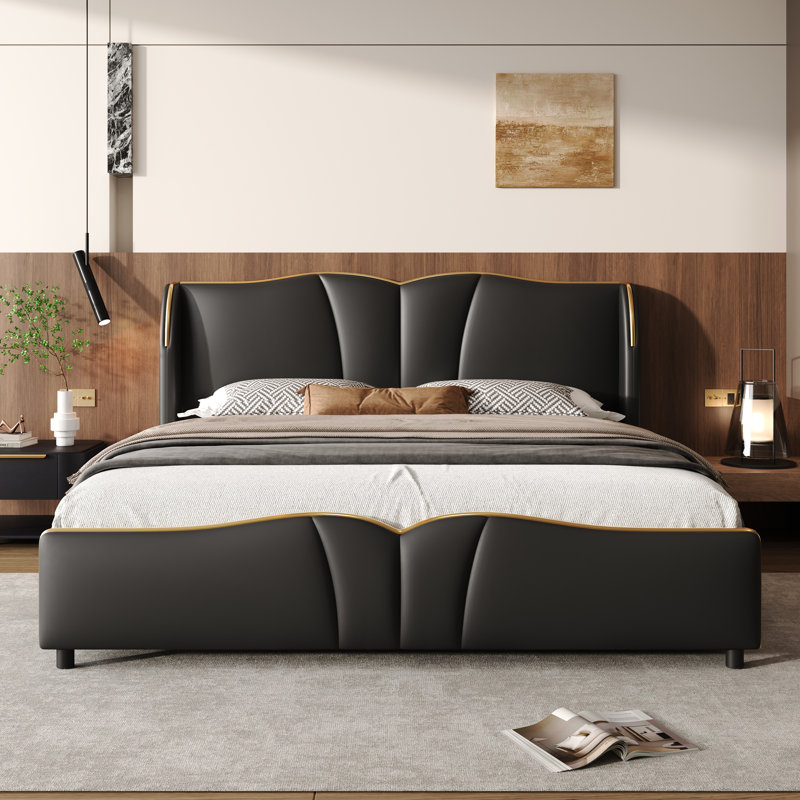 Grand lit tapissier noir avec tête de lit ondulée, éponge douce, sommier sans entretien, tête de lit moderne facile d'entretien et lattes silencieuses, dossier confortable