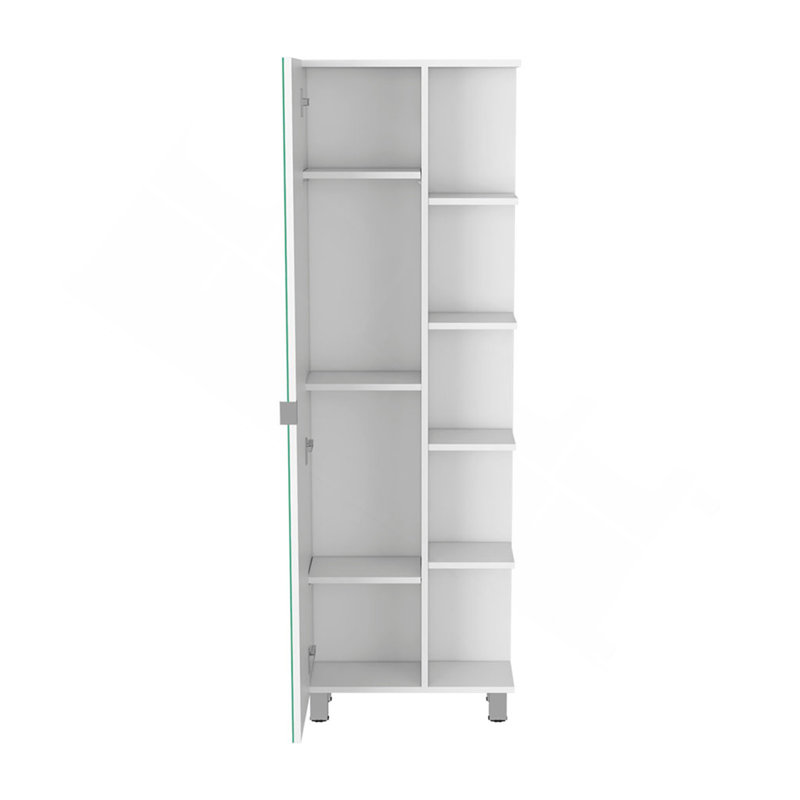 Armoire en lin à porte simple H 62 po, cinq tablettes extérieures, quatre tablettes intérieures, blanc
