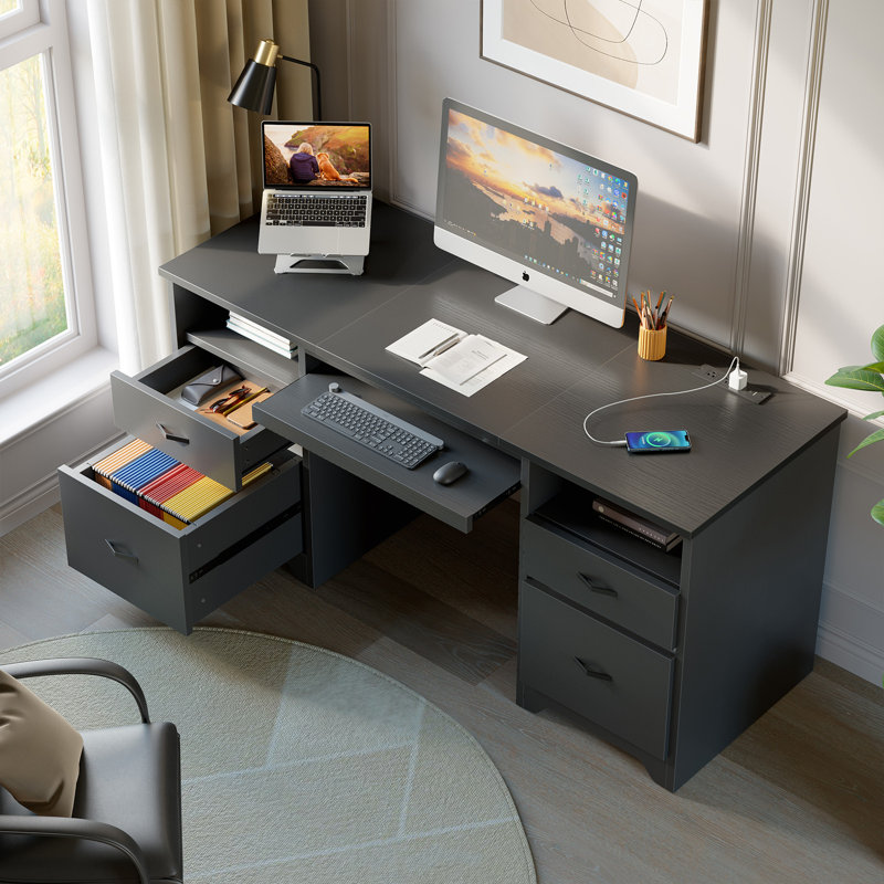 Bureau d'ordinateur 59 pouces symétrique avec plateau à clavier coulissant et prise de courant intégrée, poste de travail spacieux pour bureau à domicile avec beaucoup de rangement, table de jeu et d'étude