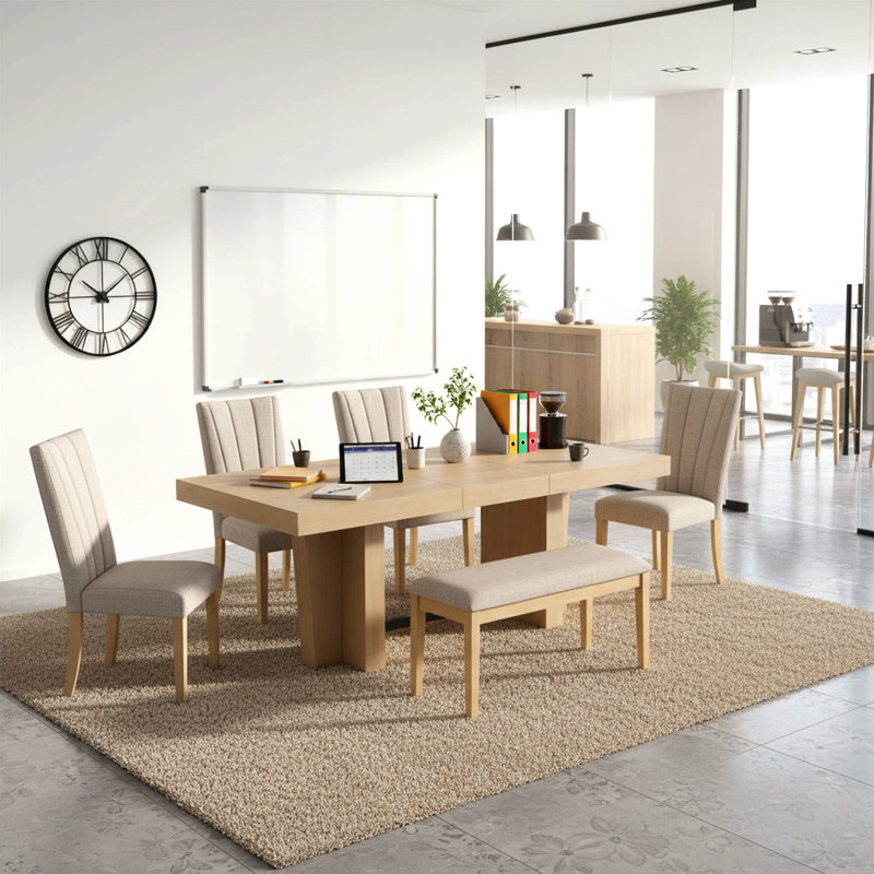 Ensemble de table de salle à manger extensible avec chaises rembourrées et banc en bois massif, pour 6 personnes, Naturel