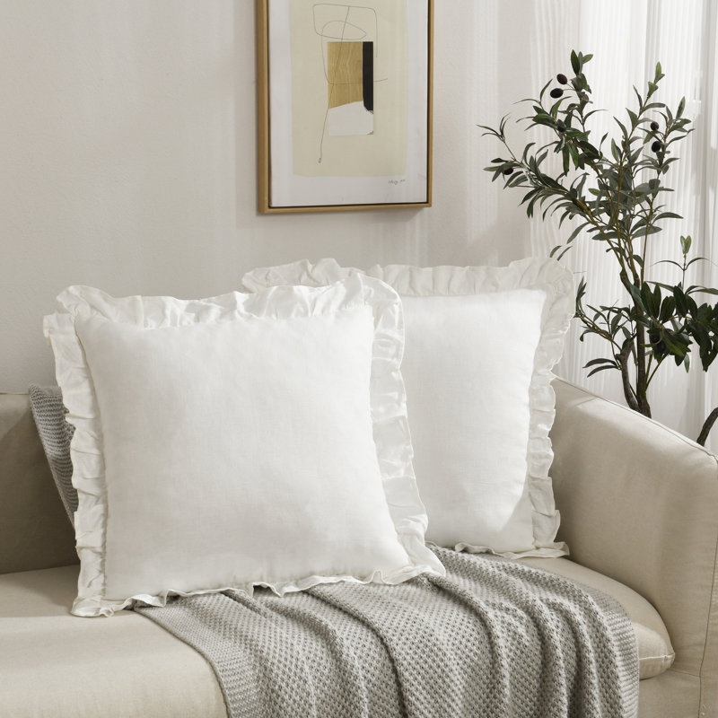 Housses de coussin à franges en lin, Blanc, H 18 po x l 18 po