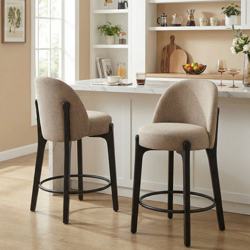 Bisto Solid Wood Upholstered Counter Bar Stools (Set of 2), Brown