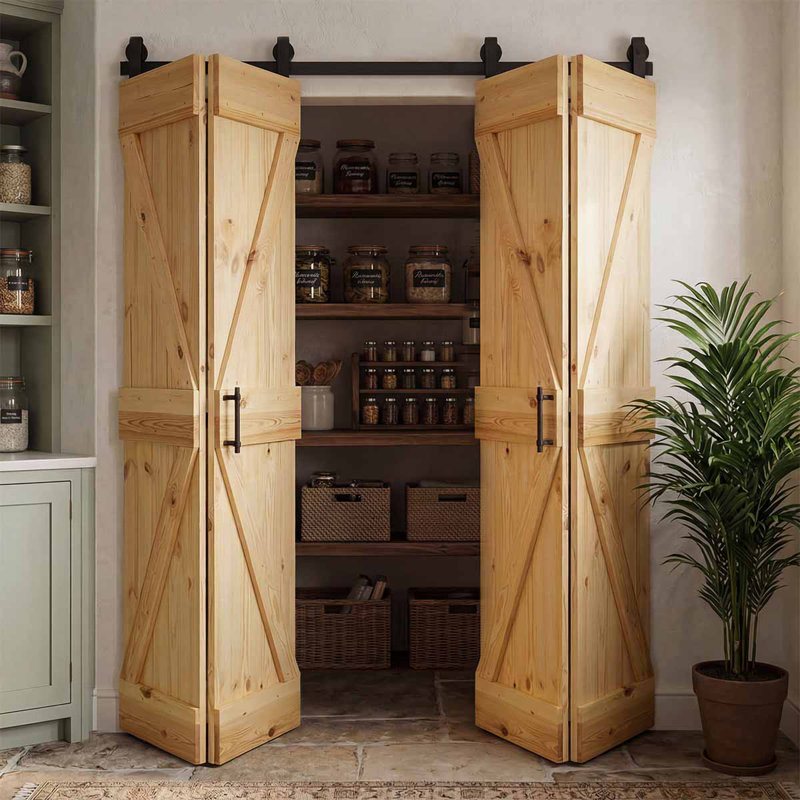 Double Bi-Fold Solid Pine Wood Barn Door, Natural Oil