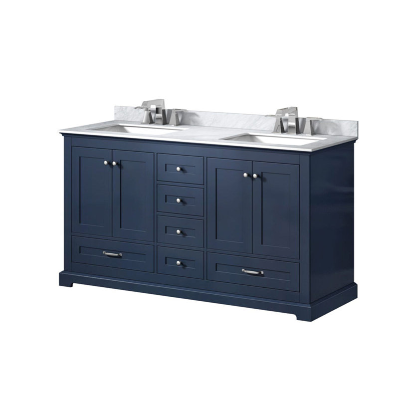 Double Bath Vanity with Carrara Marble Top, Navy Blue