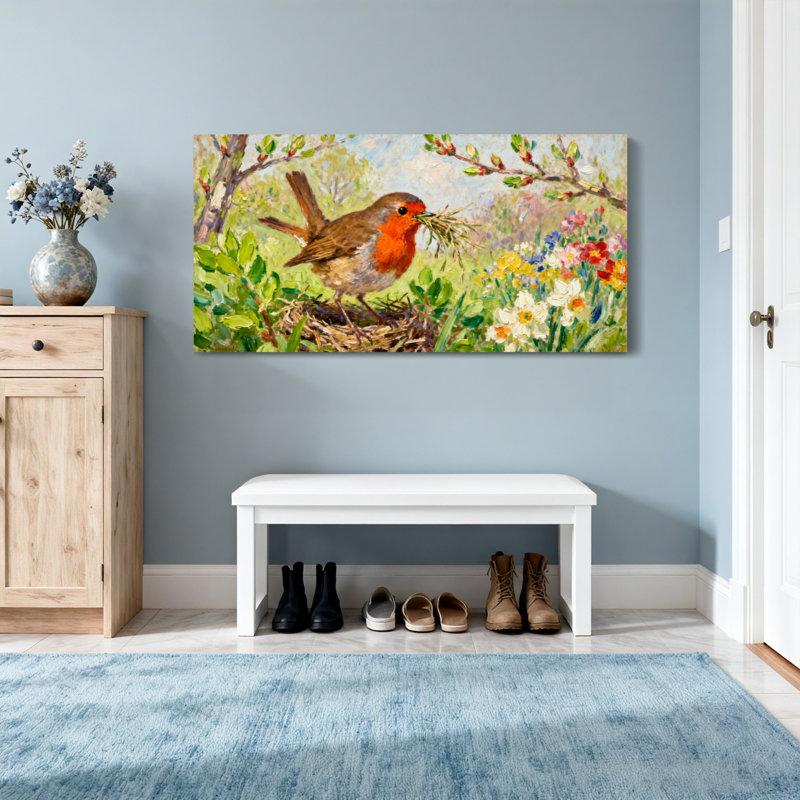 Animaux avec nid dans un jardin printanier, H 28 po x l 58 po