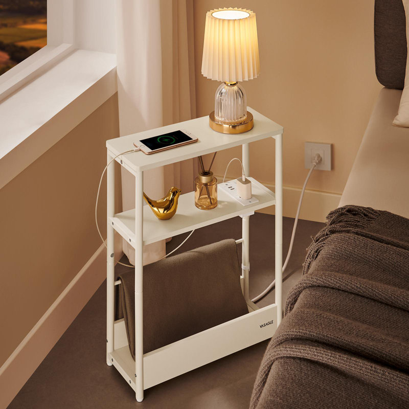 Side Table With Charging Station,magazine Rack, Cream White