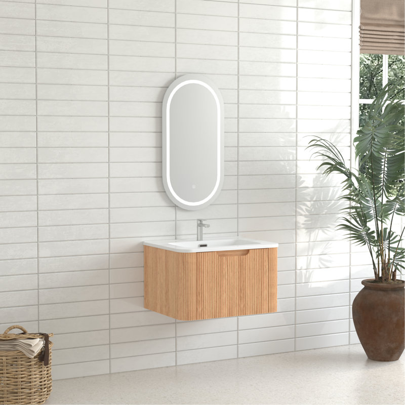 Armoire de salle de bain flottante murale pré-assemblée de 24 po en noyer avec cuve en céramique blanche, bord arrondi, tiroir à fermeture en douceur
