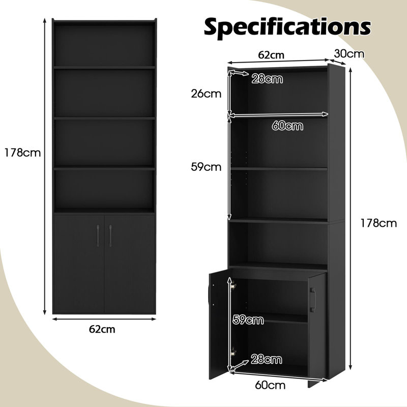 178 CM Bookcase 6-Tier Modern Style Storage Cabinet, Black