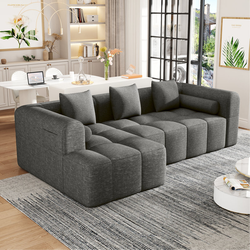 Canapé modulaire de 101,2 po avec canapé à compression complète et canapé modulaire à assise profonde et deux poches latérales pour le salon, gris
