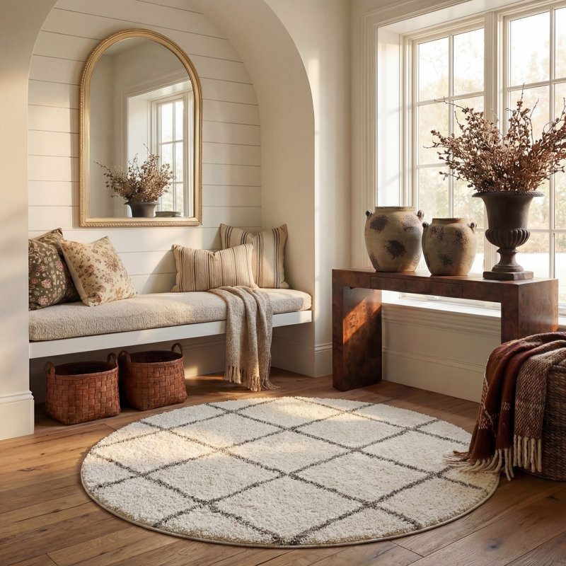 Darrold Shag Performance Geometric Rug, Ultra Plush 1.81", Round 11', Ivory/Gray