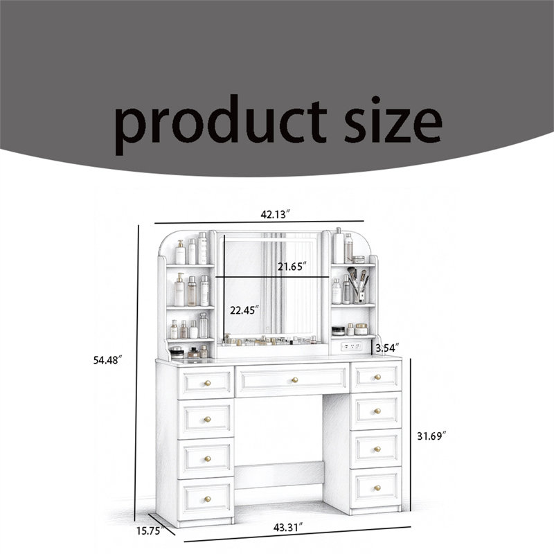 Dressing table, wooden dressing table with mirror and light - modern makeup dressing table with 9 drawers, storage rack, and cushioned stool - suitable for bedrooms, dormitories, or home beauty stations