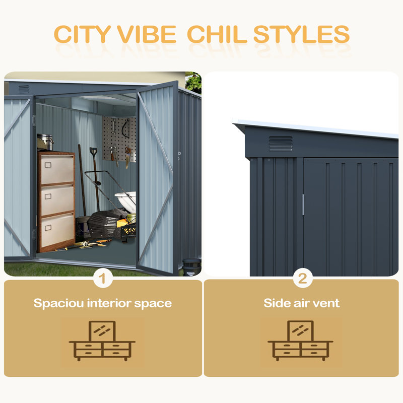 Abri de jardin en acier galvanisé de 1,8 x 2,4 m avec double porte verrouillable, abri adossé en métal avec panneau lumineux en polycarbonate offert pour outils