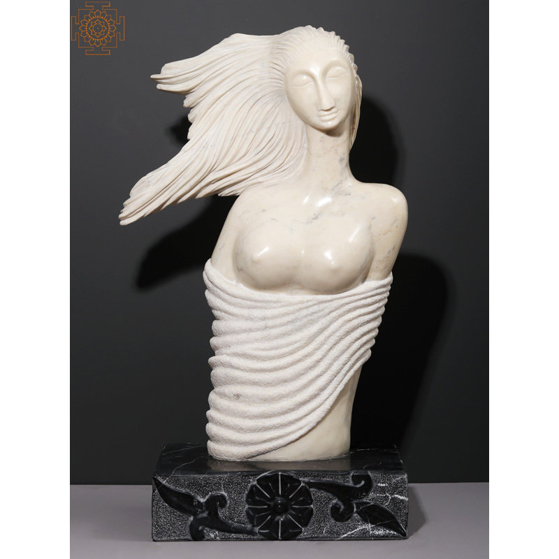 32" Hand-Carved White Marble "Woman’s Banner of Freedom" Statue – Modern Abstract Female Figure on Granite Base