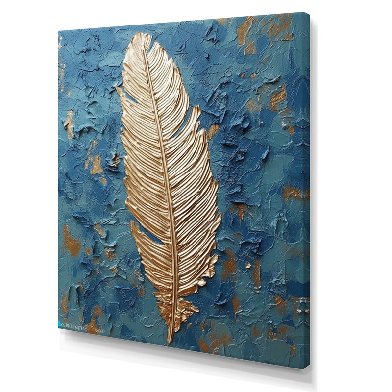«Boho Glam Exquis Gold on Blue Feather», reproduction d'art sur toile, H 32 po x l 24 po x P 1 po, Toile tendue