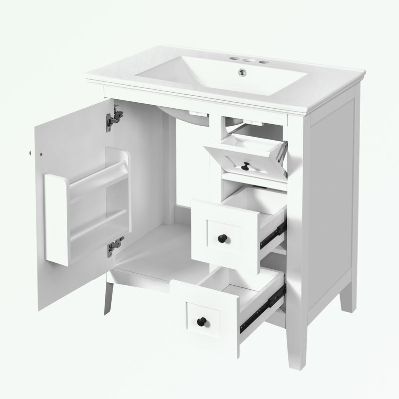 Meuble-lavabo de salle de bain avec lavabo en céramique et 3 tiroirs, Blanc