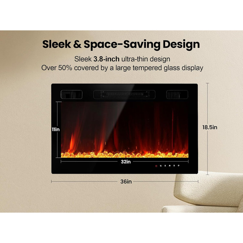 36" Wall-Mounted Electric Fireplace Heater – 600 Sq.Ft 12 Flame Color Recessed Fireplace with Remote