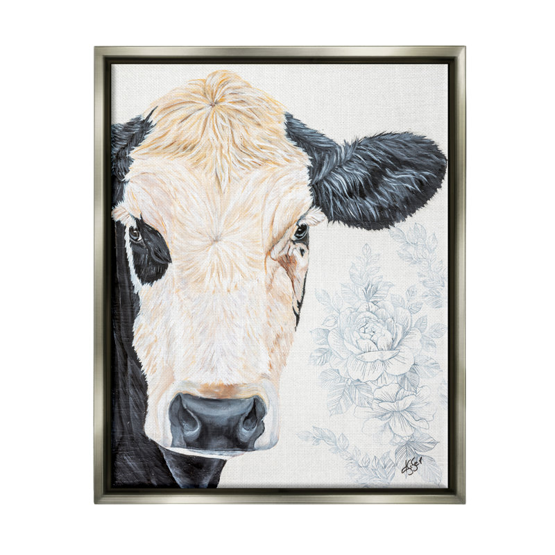 Art mural sur toile flottant Floral Cow Farmhouse par Diane Fifer, H 21 po x l 17 po x P 1,7 po, Cadre flottant gris lustré