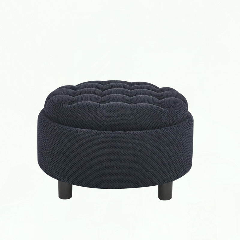 Round Storage Ottoman with Removable Tray and Tufted Design, Black