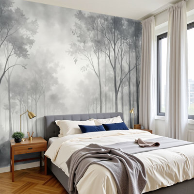 Papier peint auto-adhésif Misty Forest Landscape Tall Trees Subtle Fog