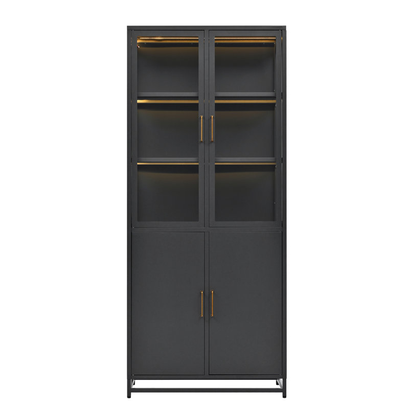 76.75'' Tall Display Cabinet With Double Glass Doors And LED Lights Steel Curio Cabinet For Collectibles Figures Trophies 3-Sided Glass Display Case For Home Office Study Stores Playroom