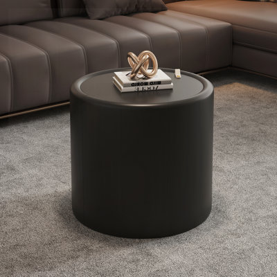 Table basse ronde avec plateau en verre trempé, structure en similicuir et rangement caché pour le salon, table d'appoint moderne