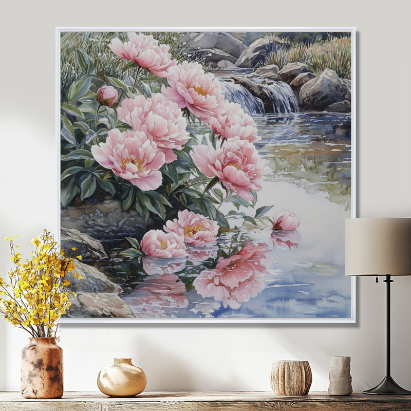 Pivoines près du ruisseau de montagne III - pivoines, art mural large, H 16 po x l 16 po, Impression encadrée flottante