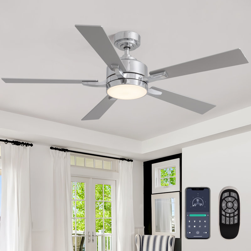 Ventilateur de plafond 52 po à DEL à intensité variable moderne avec moteur CC réversible et télécommande, Argent, 52" 