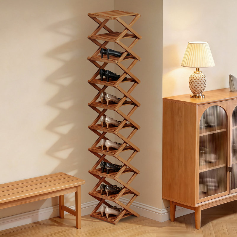 Bamboo Shoe Rack, Foldable Storage Rack, Narrow Standing Shoe Organizer