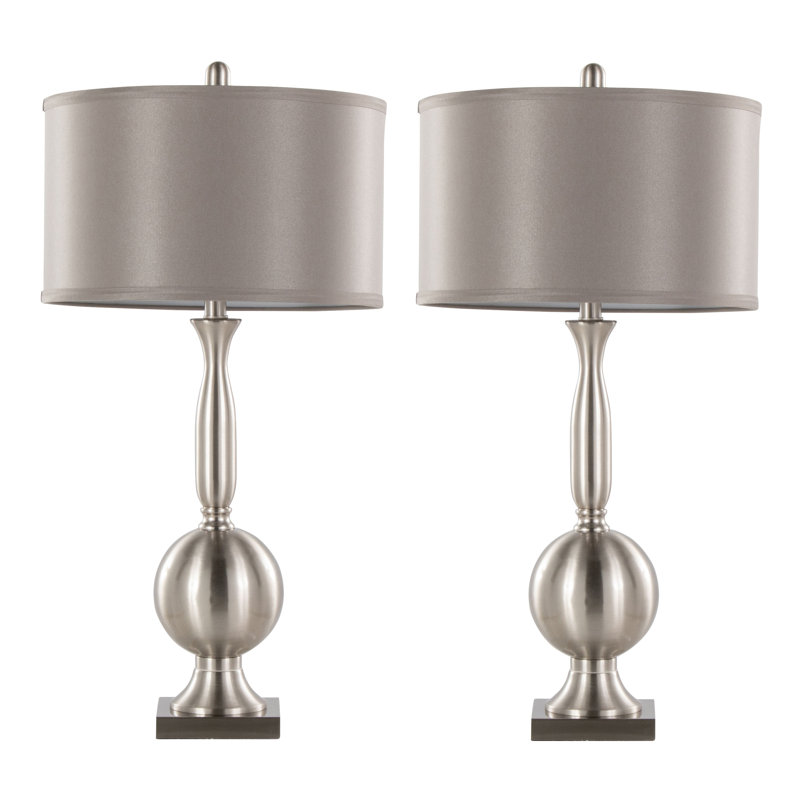 Lampe de table contemporaine en métal 30 po en nickel brossé avec abat-jour gris satiné - ensemble de 2