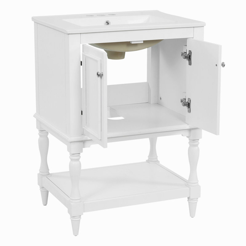 Meuble-lavabo de luxe moderne de 24 po avec lavabo en céramique, meuble de salle de bain avec tablette ouverte et rangement fermé