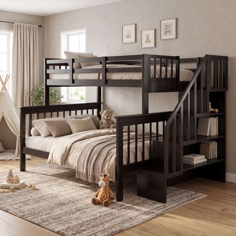 Lit superposé en bois avec escalier de rangement, Twin Over Full, Espresso
