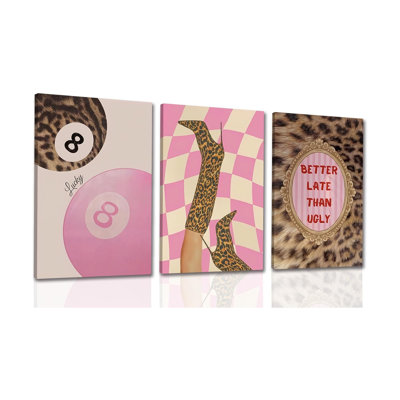 Framed Pink Leopard Print Wall Art Set Of 3, Trendy Fashion Lucky 8 Ball Canvas Posters Painting, Coquette Preppy Aesthetic Y2K Funky Wall Decor Picture For Bedroom Apartment Living Room 12X16 Inch