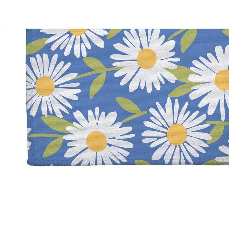 Sweet Daisy Thin Lightweight Kitchen Mat, Ultramarine Blue, Rectangle 3' x 5'